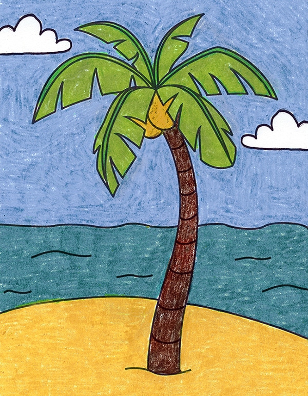 A drawing of a palm tree, made with the help of an easy step by step tutorial. 