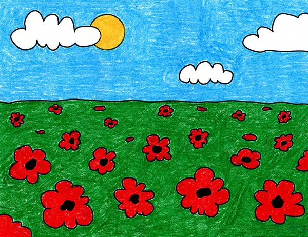 Easy How to Draw a Poppy Field Tutorial and Poppy Coloring Page