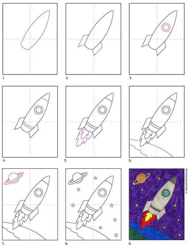How to Draw Cartoon Rocket Ship, Drawing and Coloring for Kids