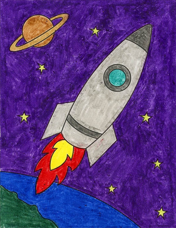 A drawing of a rocket, made with the help of an easy step by step tutorial.