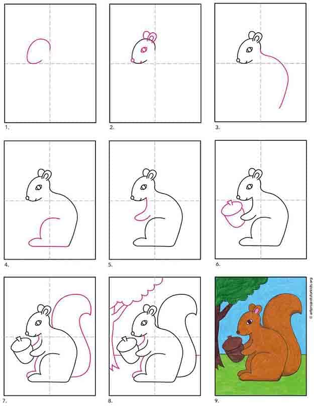 A step by step tutorial for how to draw an easy squirrel, also available as a free download.