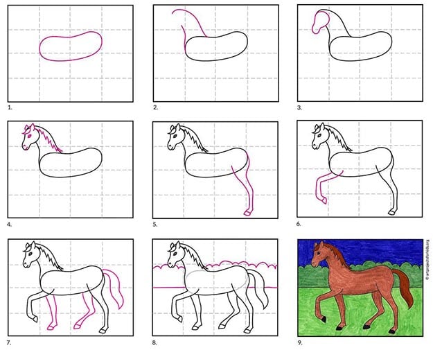 how to draw a horse step by step for kids