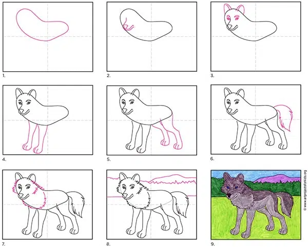 A step by step tutorial for how to draw an easy wolf, also available as a free download.