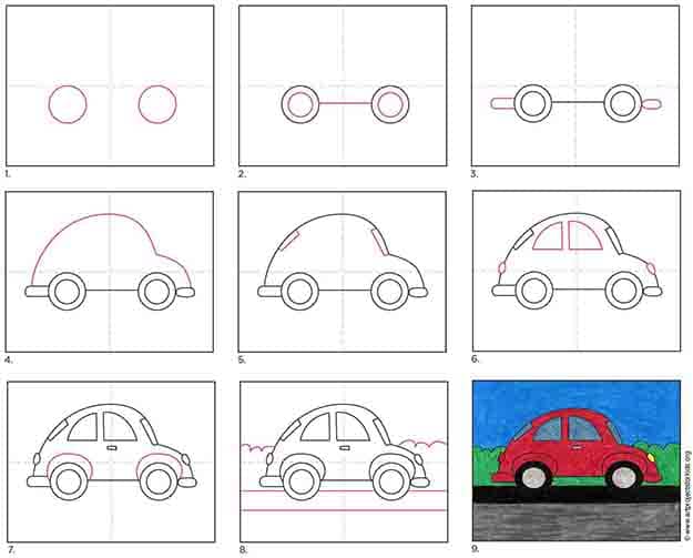 A step by step tutorial for how to draw a car car, also available as a free download.