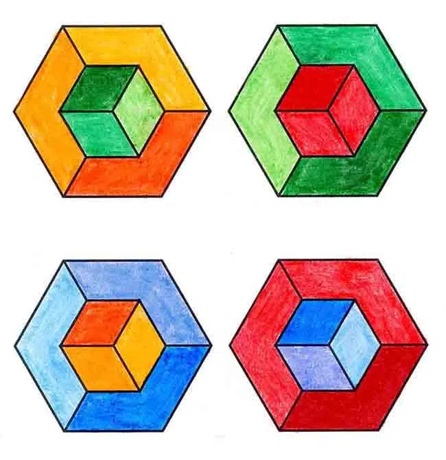 Easy How to Draw an Op Art Cube Tutorial and Op Art Cube Coloring Page