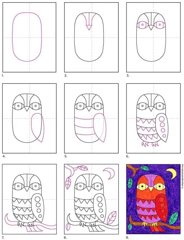 A step by step tutorial for how to draw an easy Doodle Owl, also available as a free download.