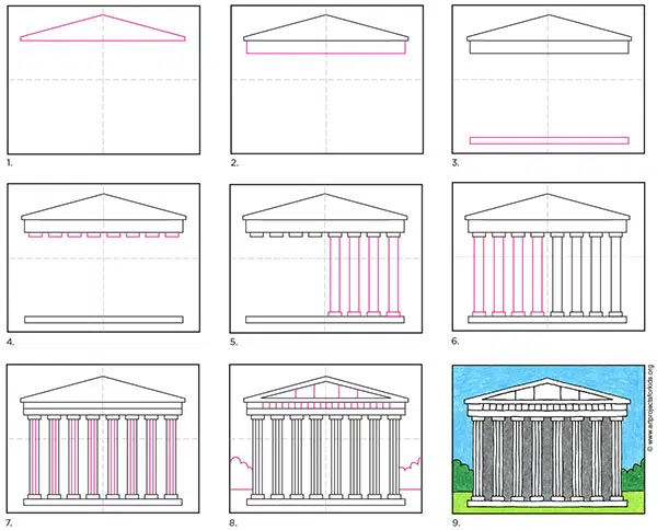 A step by step tutorial for how to draw the Parthenon, also available as a free download.