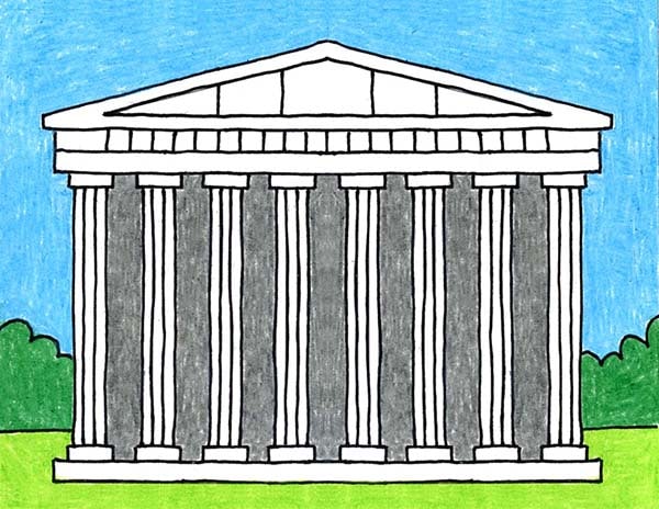 A drawing of the Parthenon, made with the help of an easy step by step tutorial.