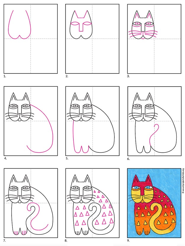 A step by step tutorial for how to draw an easy Laurel Burch Cat, also available as a free download.