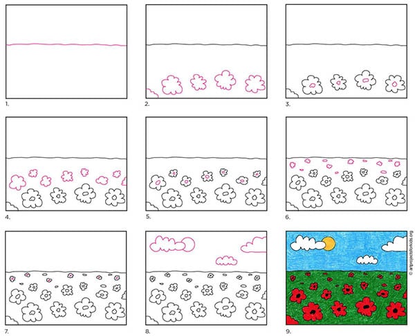A step by step tutorial for how to draw an easy Poppy Field, also available as a free download.