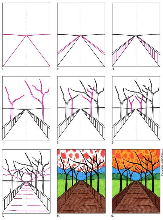 A step by step tutorial for a perspective drawing for beginners, also available as a free download.