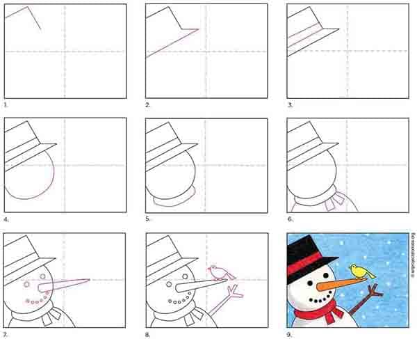 A step by step tutorial for how to draw a snowman cute, also available as a free download.