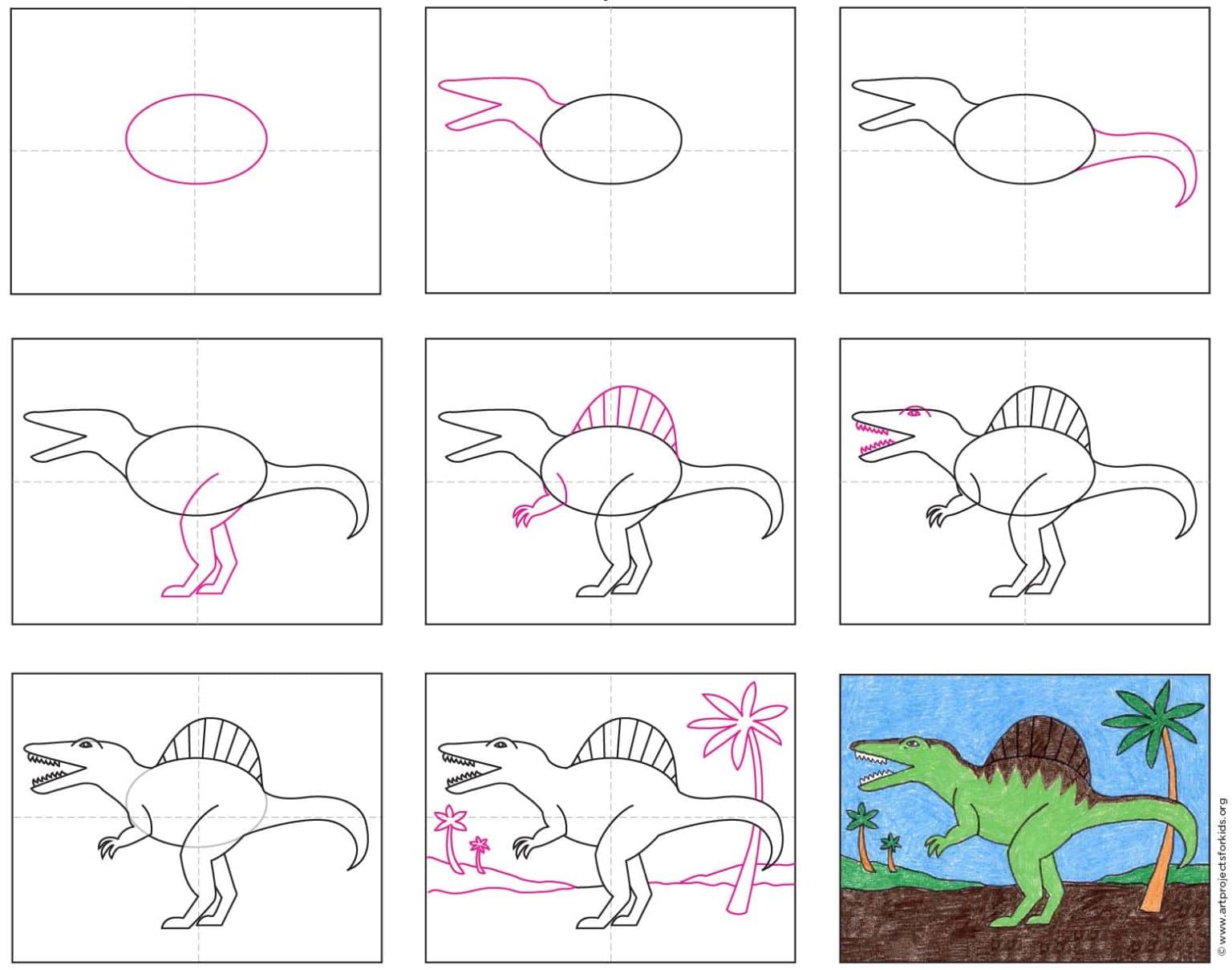 Easy How to Draw Spinosaurus Tutorial and Coloring Page