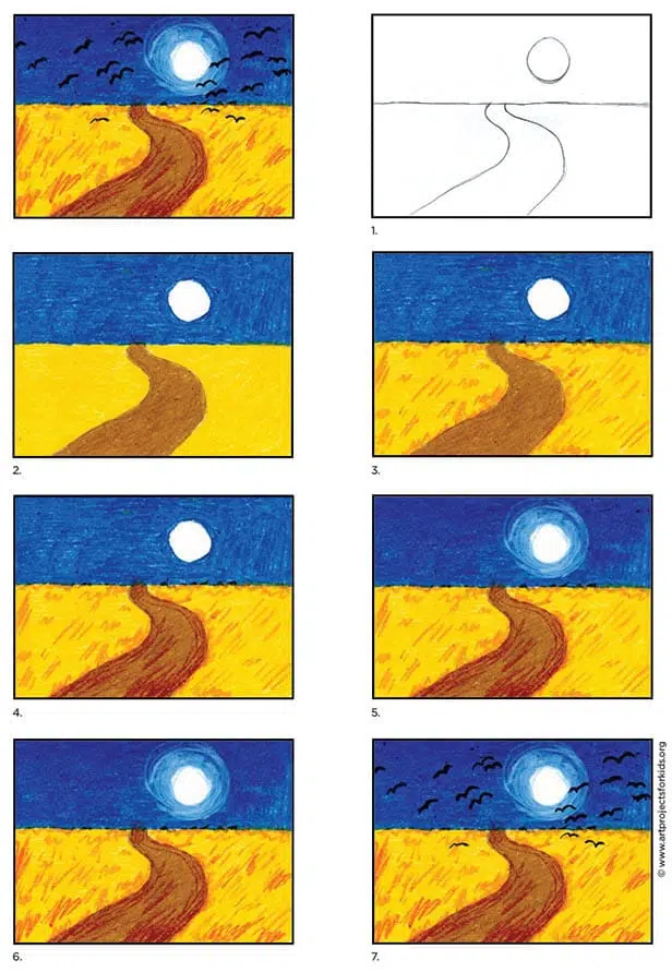 A step by step tutorial for a Van Gogh for Kids art project, also available as a free download.