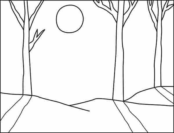 How to Draw a Winter Landscape: Easy Step-by-Step Art Lesson for Kids 2 Winter Landscape Coloring page, available as a free PDF.