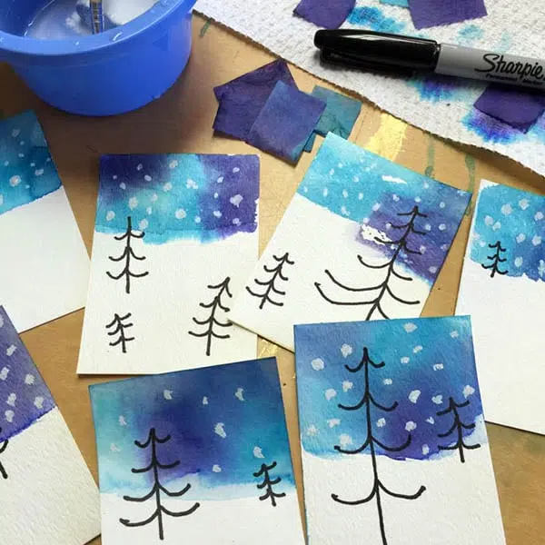 How to paint winter skies with bleeding tissue paper art.