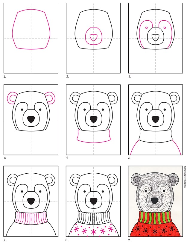 A step by step tutorial for how to draw an easy Bear in a Sweater, also available as a free download.