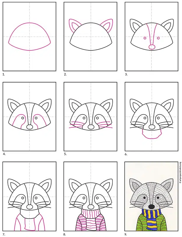 A step by step tutorial for how to draw an easy raccoon in a sweater, also available as a free download.