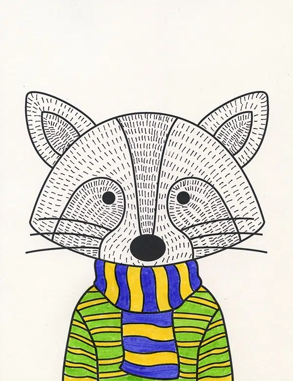 A drawing of a raccoon in a sweater, made with the help of an easy step by step tutorial.