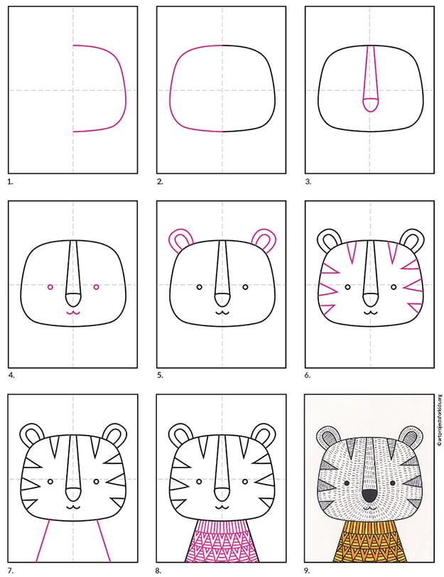 A step by step tutorial for how to draw an easy Tiger in a Sweater, also available as a free download.