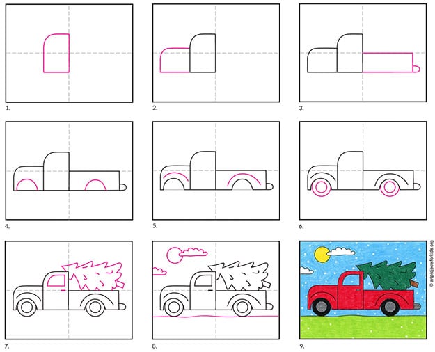 A step by step tutorial for how to draw an easy Truck with a Christmas Tree, also available as a free download.