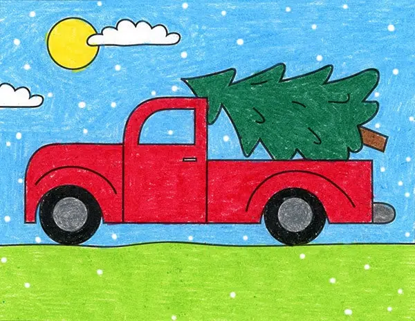 A drawing of a Truck with a Christmas Tree, made with the help of an easy step by step tutorial.