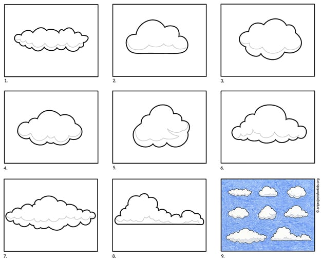 Easy How to Draw Clouds Tutorial and Clouds Coloring Page