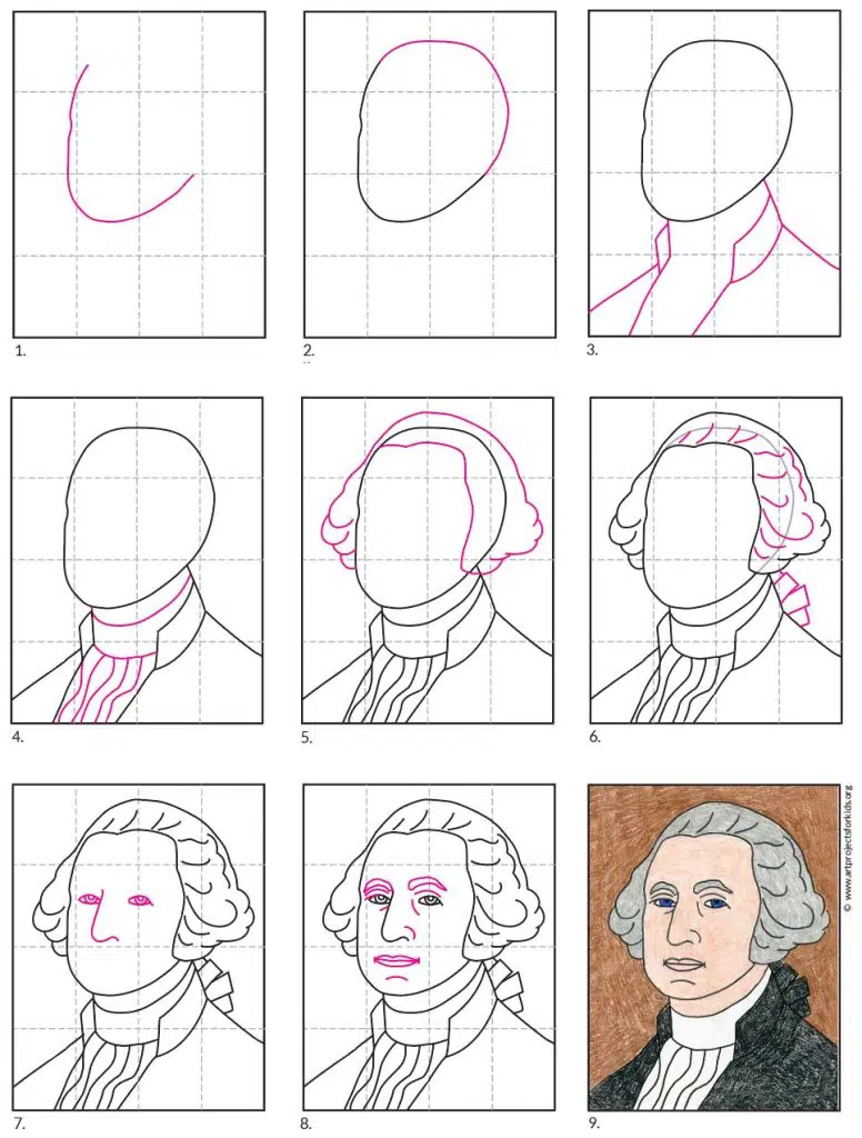 A step by step tutorial for how to draw an easy George Washington, also available as a free download.