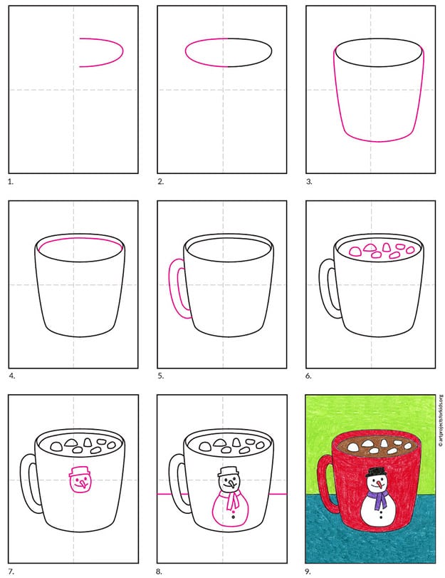 A step by step tutorial for how to draw an easy Hot Chocolate, also available as a free download.