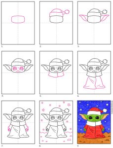 Easy How to Draw Santa Baby Yoda Tutorial and Baby Yoda Coloring Page