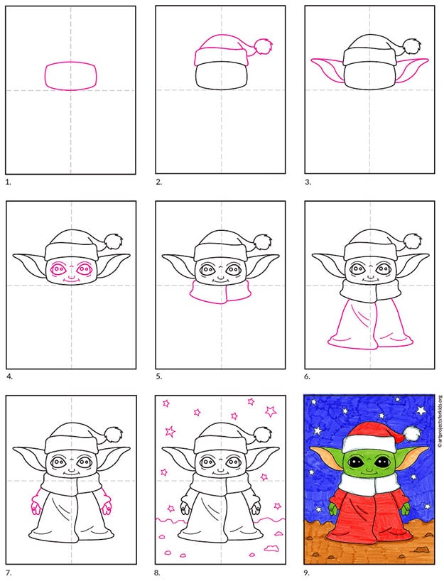 A step by step tutorial for how to draw an easy Santa Baby Yoda, also available as a free download.