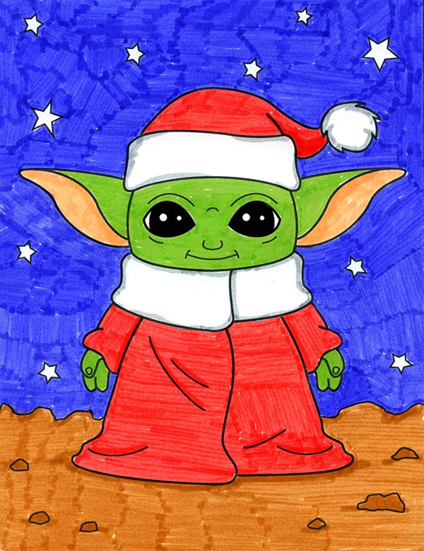 A drawing of a Santa Baby Yoda, made with the help of an easy step by step tutorial.