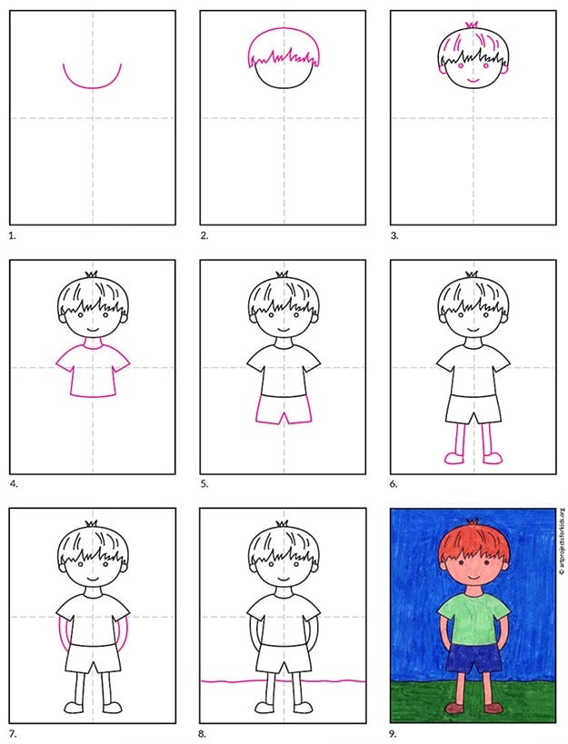 Easy How to Draw a Boy Tutorial Video and Boy Coloring Page