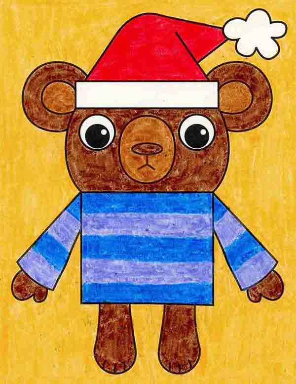 A drawing of a Christmas Teddy Bear, made with the help of an easy step by step tutorial.