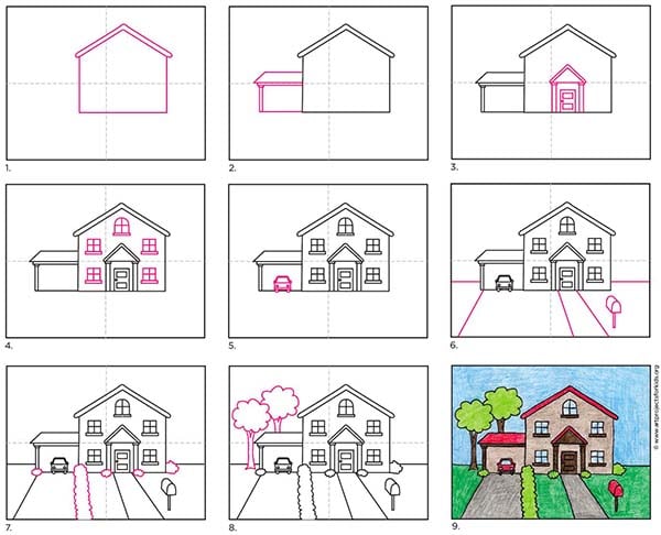 Easy How Draw A House With A Car Tutorial And Coloring Page