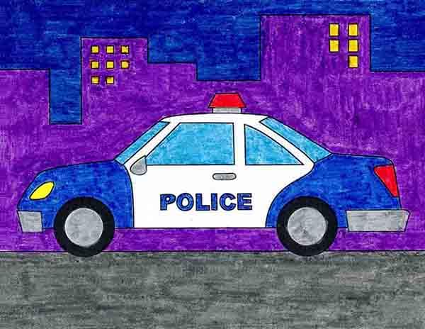 A drawing of a Police Car, made with the help of an easy step by step tutorial