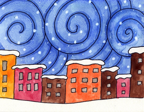A drawing of a Snowy City, made with the help of an easy step by step tutorial.