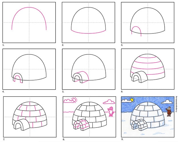 A step by step tutorial for how to draw an easy Igloo, also available as a free download.