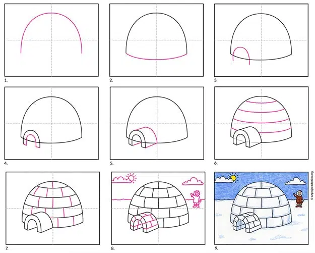 A step by step tutorial for how to draw an easy Igloo, also available as a free download.