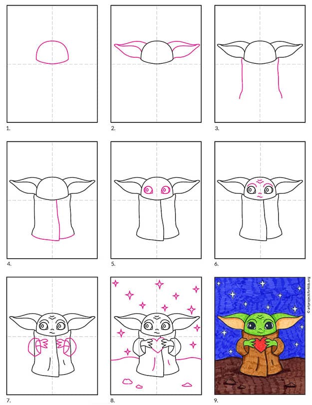 Easy How To Draw A Baby Yoda Valentine Tutorial And Coloring Page