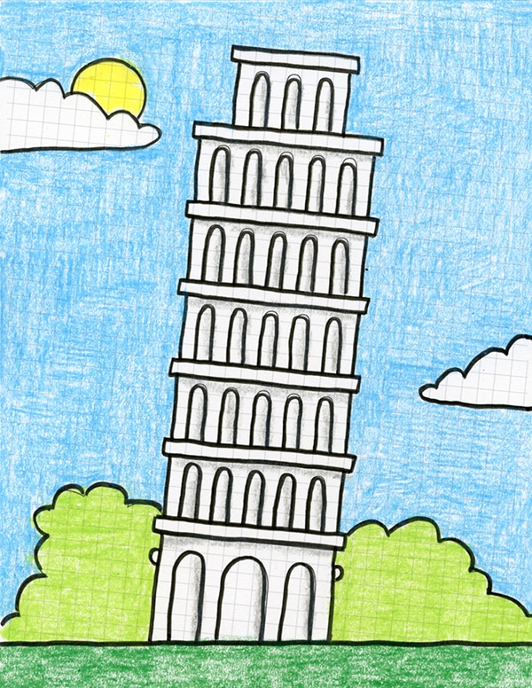 A drawing of the Leaning Tower of Pisa, made with the help of an easy step by step tutorial