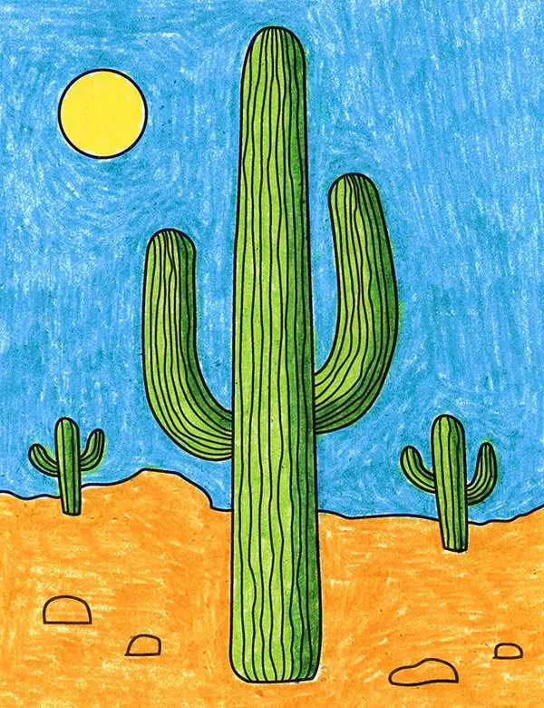 Easy How to Draw Cactus Tutorial and Cactus Coloring Page