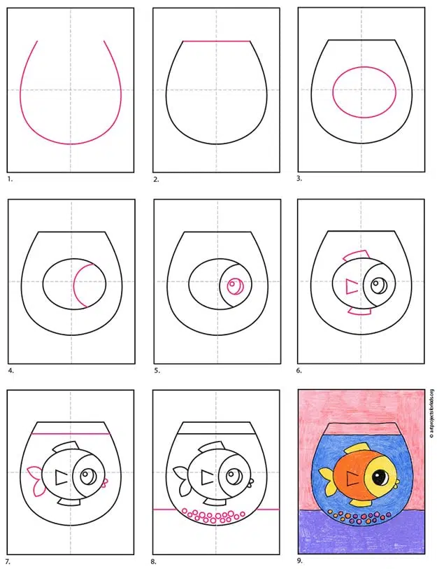 Easy How to Draw a Fish Bowl Tutorial and Fish Bowl Coloring Page