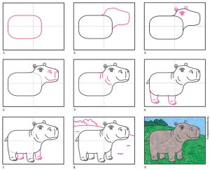 Easy How to Draw a Hippopotamus Tutorial Video & Coloring Page