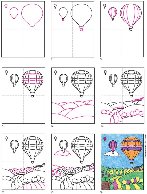 How to Draw a Hot Air Balloon diagram — Activity Craft Holidays, Kids, Tips
