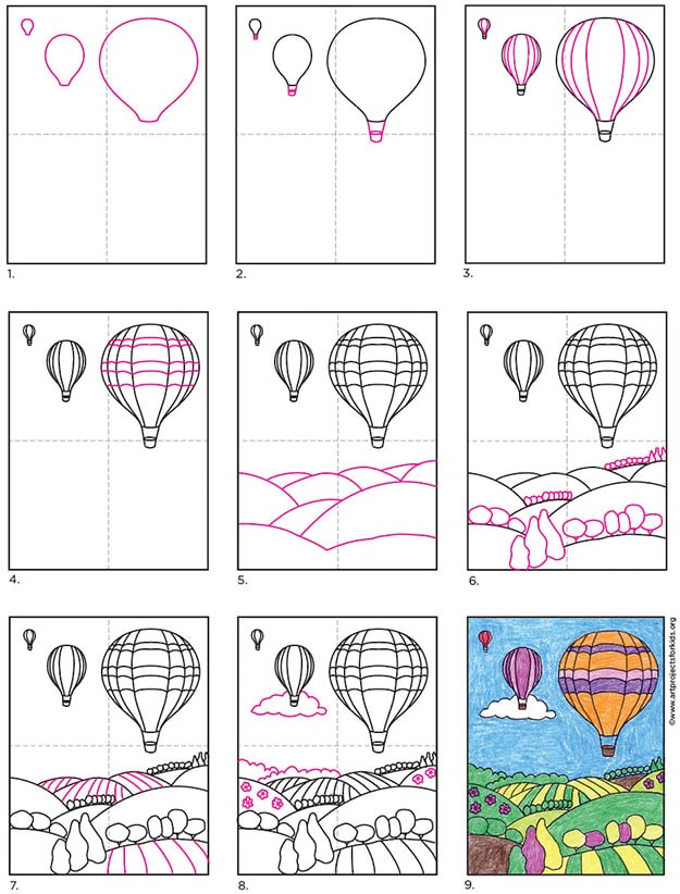 Easy How to Draw a Hot Air Balloon Tutorial and Coloring Page