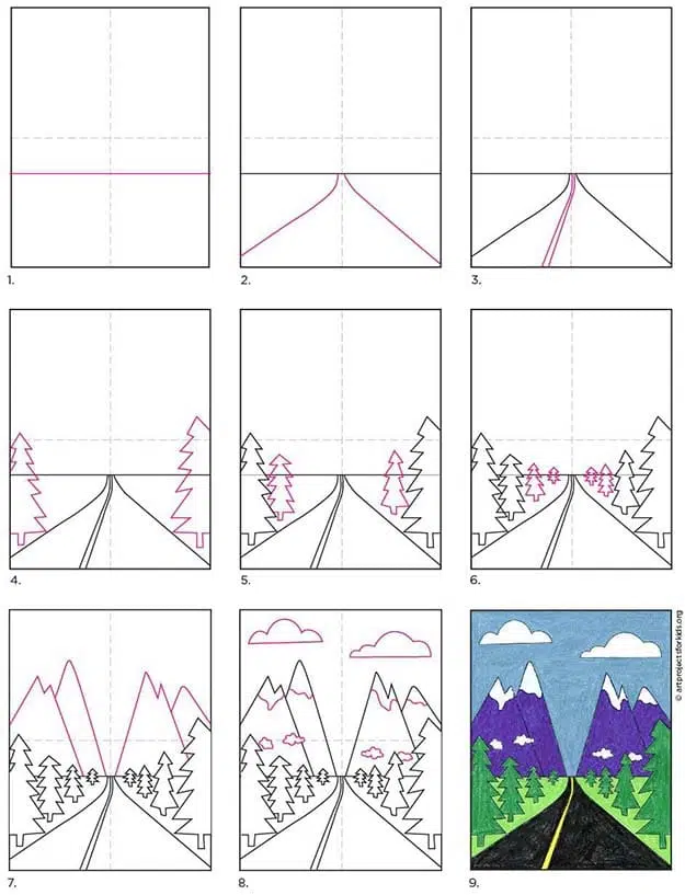 A step by step tutorial for how to draw an easy mountain landscape, also available as a free download.