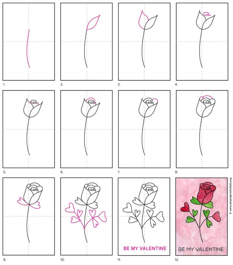Easy How to Draw a Rose for Valentine's Day Tutorial and Coloring Page