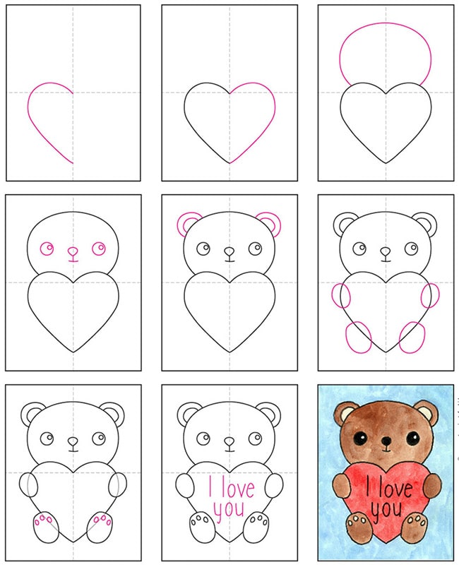 A step by step tutorial for how to draw an easy Valentine Bear, also available as a free download.