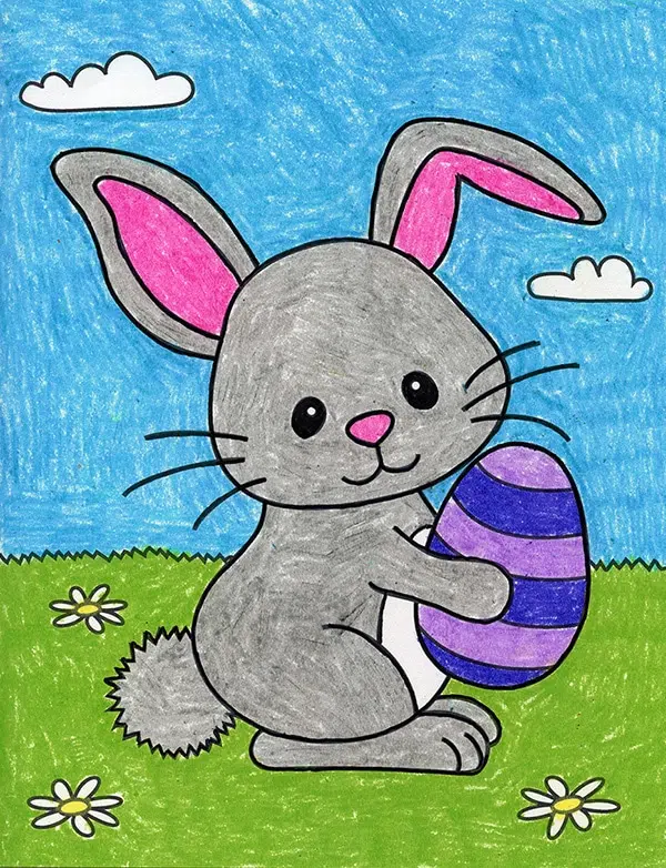 A drawing of the Easter Bunny, made with the help of an easy step by step tutorial. 